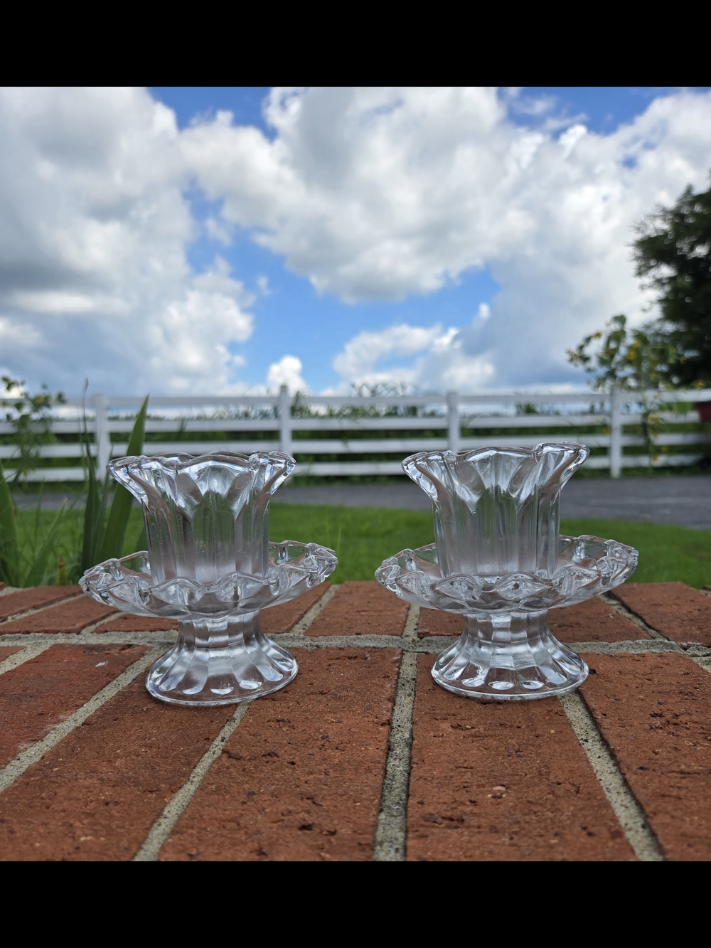Vintage Two Clear Glass Candle/ Tea Light Holders with Scalloped/Wavy Edges